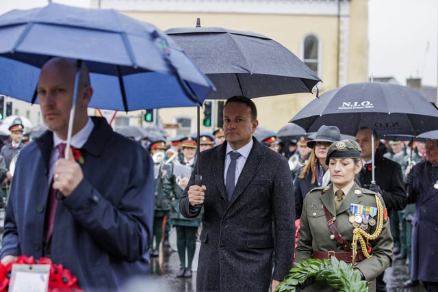Taoiseach Leo Varadkar during the Remembrance Sunday service at the Cenotaph in Enniskillen. Picture date: Sunday November 12, 2023.