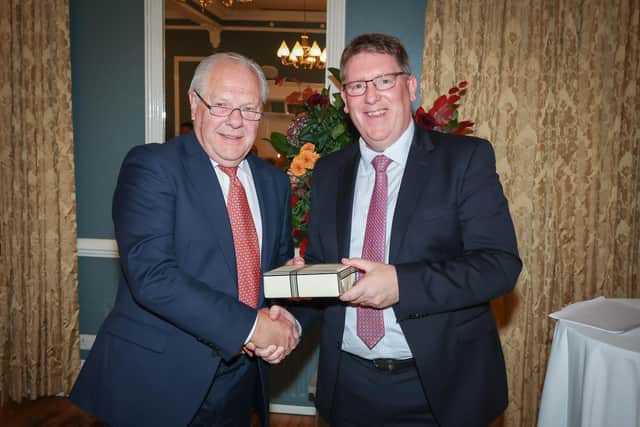 Outgoing chief executive of the Dairy Council for Northern Ireland (DCNI) Mike Johnston was the toast of the evening as he handed over the reins to Ian Stevenson, former CEO of the Livestock and Meat Commission. Pictured are Dairy Council vice-chair Dermot Farrell and outgoing CEO Mike Johnston