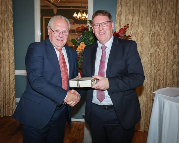 Outgoing chief executive of the Dairy Council for Northern Ireland (DCNI) Mike Johnston was the toast of the evening as he handed over the reins to Ian Stevenson, former CEO of the Livestock and Meat Commission. Pictured are Dairy Council vice-chair Dermot Farrell and outgoing CEO Mike Johnston