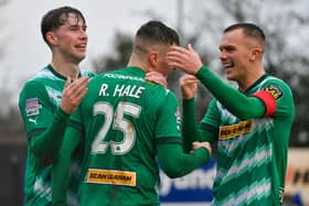 Cliftonville's three goal scorers - Rory Hale, Ronan Hale and Stephen Mallon - celebrate during Sunday's victory over Carrick Rangers. PIC: Andrew McCarroll/ Pacemaker Press