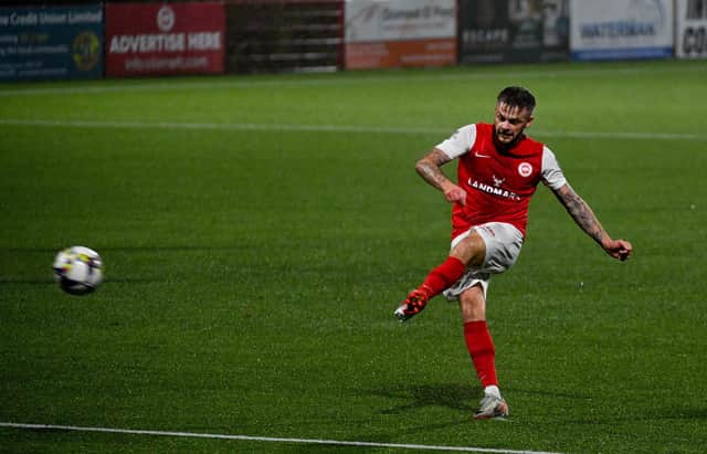 Andy Ryan curls home the opening goal with a free-kick finish for Larne in the Sports Direct Premiership success over Loughgall at Inver Park. (Photo by Andrew McCarroll/ Pacemaker Press)