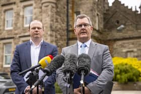 DUP leader Sir Jeffery Donaldson (right) with party colleague Gordon Lyons, outside Castle Buildings at Stormont after a meeting with the head of the NI Civil Service, Jayne Brady.