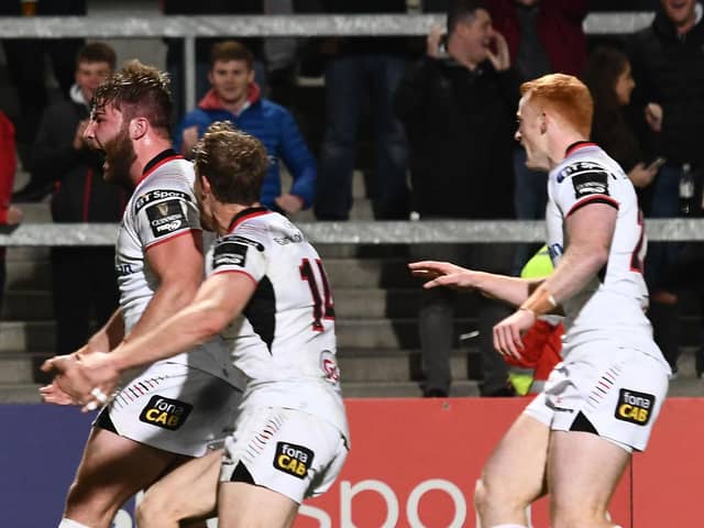 John Andrew, celebrating a try for Ulster in 2017, is set to make his Instonians debut his weekend. (Photo by Colm Lenaghan/Pacemaker Press)