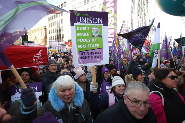 Public sector workers take part in a rally at Belfast City Hall, as an estimated 150,000 workers take part in walkouts over pay across Northern Ireland.