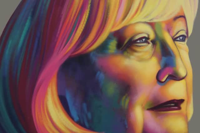 Professor Monica McWilliams who founded the Women's Coalition painted by FRIZ as part of the NI Peace Heroines exhibition