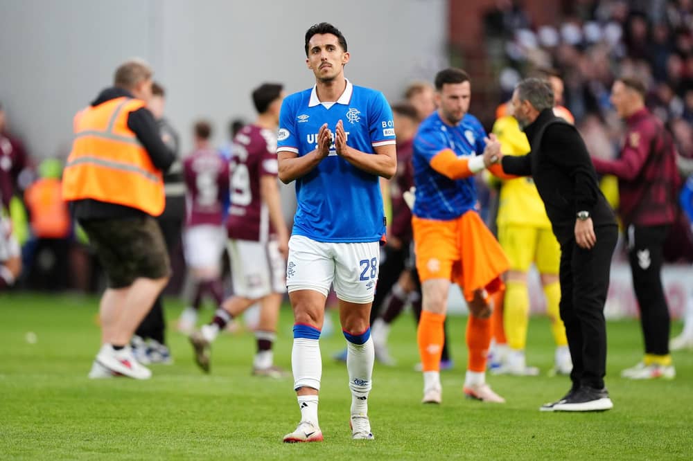 Rangers' Bojan Miovski reacts after the Scottish Premiership loss to Hearts. (Photo by Andrew Milligan/PA Wire)