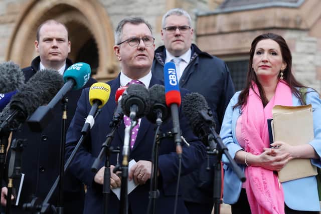 DUP leader Jeffrey Donaldson, with party colleagues Gordon Lyons, Gavin Robinson and Emma Little-Pengelly, pictured outside the Culloden after meeting with the PM Rishi Sunak