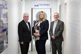 Ballymena based soft drinks manufacturer, Norbev has increased its turnover by over 50 per cent following an investment of almost £300,000 in the upskilling of its staff.Pictured is Niall Casey, director of Skills and Competitiveness at Invest Northern Ireland, Shona Blythe, managing director of Norbev and Des Gartland, Invest NI’s north eastern regional manager