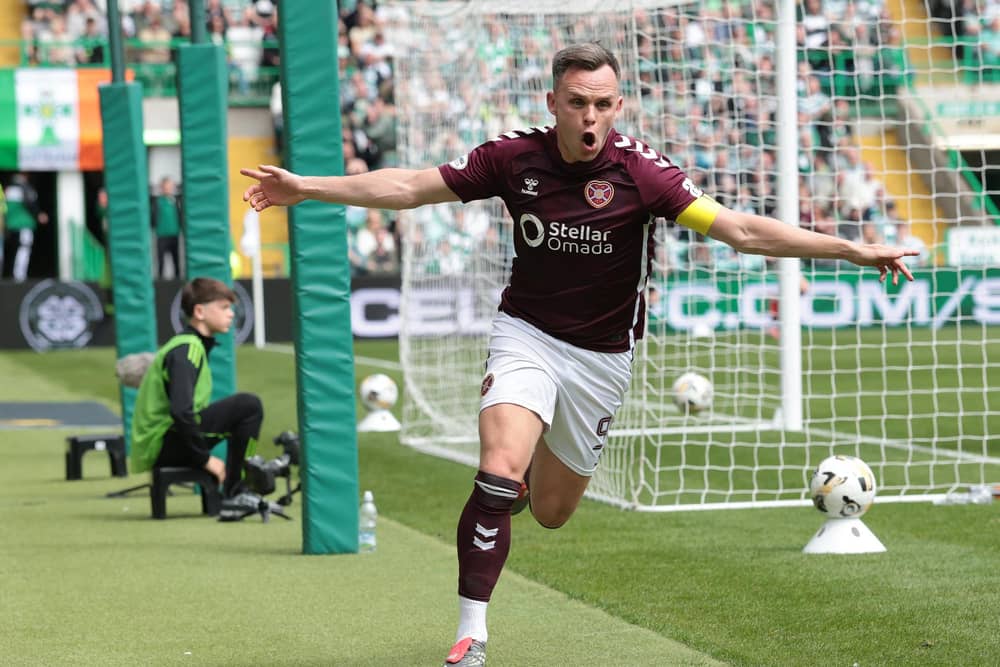 Lawrence Shankland celebrating a goal for Hearts. (Photo by Ian MacNicol/Getty Images)