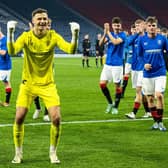 Rangers goalkeeper Mason Munn celebrates at full time after the Scottish Youth Cup final against Aberdeen. PIC: Craig Foy/SNS Group