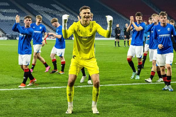 Rangers goalkeeper Mason Munn celebrates at full time after the Scottish Youth Cup final against Aberdeen. PIC: Craig Foy/SNS Group