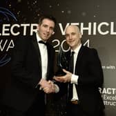 Ciaran McNally, chief retail officer at the Maxol Group is presented with Best Destination Charging Offering at the inaugural Electric Vehicle Awards held in Dublin recently by Casey King MD of TSG Charge (formerly Tokheim)