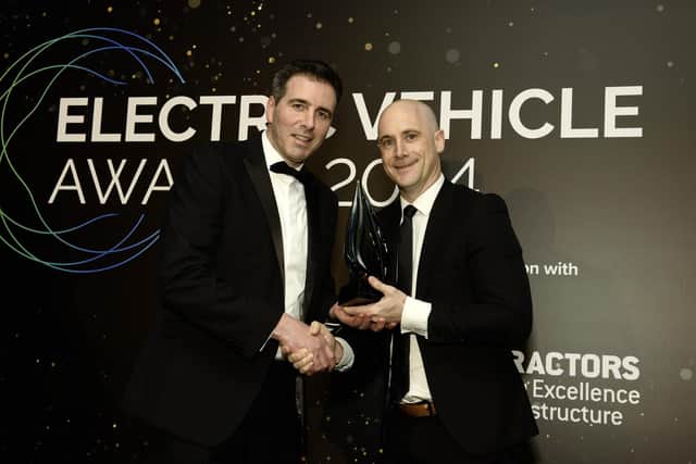 Ciaran McNally, chief retail officer at the Maxol Group is presented with Best Destination Charging Offering at the inaugural Electric Vehicle Awards held in Dublin recently by Casey King MD of TSG Charge (formerly Tokheim)