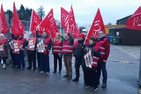 NHS warehouse workers who are members of NIPSA on the first day of their week long strike action over pay and safe staffing, pictured at Lissue Industrial Estate in Lisburn.