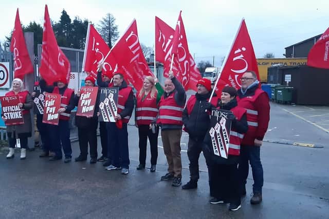 NHS warehouse workers who are members of NIPSA on the first day of their week long strike action over pay and safe staffing, pictured at Lissue Industrial Estate in Lisburn.