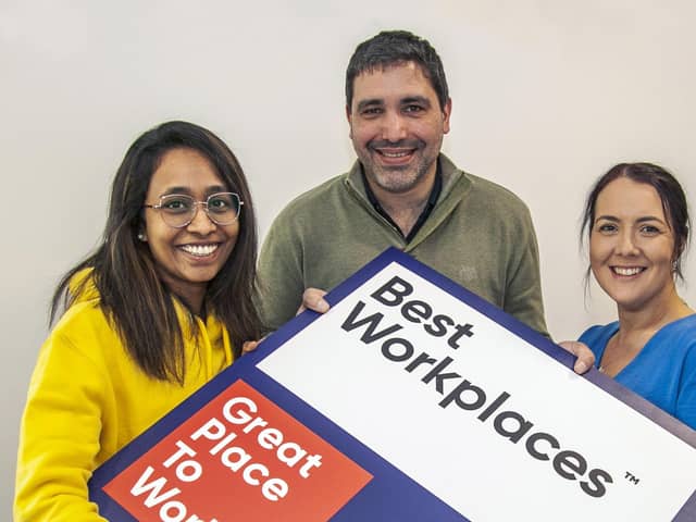 Pictured at the announcement that Liberty has been named as one of Ireland’s Best Workplaces for the fourth consecutive year by the global authority on workplace culture, Great Place to Work are Sanchitha Thanaya, software engineer and one of Liberty IT’s mental health champions, Parry Mandal, director of engineering and Alison Hughes, engineering manager and DEI council member