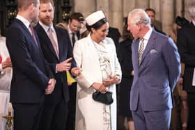 The then Prince of Wales, (now King Charles III) talking with the Duchess of Sussex and the Duke of Sussex and the then Duke of Cambridge (left) (now the Prince of Wales) as they attend the Commonwealth Service at Westminster Abbey, London. The Duke of Sussex has claimed his father was jealous of both his wife, Meghan, and his sister-in-law, the Princess of Wales, in his memoir. Harry reportedly said the reason his father supposedly said he did not "have money to spare" to financially support him and his wife Meghan was because the King feared the "novel and resplendent" American actress would steal his limelight. Issue date: Saturday January 7, 2023.