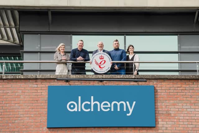 Londonderry firm, Alchemy Technology Services is awarded on King’s Award for Enterprise. The Alchemy senior leadership team are pictured are Richard Gelson, Erin McFeely, CEO John Harkin,  Lauren Baker, Declan Meenan