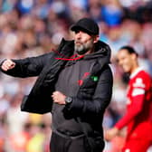 Liverpool manager Jurgen Klopp celebrates at the end of the Premier League home win over Brighton on Sunday. (Photo by Peter Byrne/PA Wire)