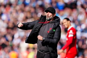 Liverpool manager Jurgen Klopp celebrates at the end of the Premier League home win over Brighton on Sunday. (Photo by Peter Byrne/PA Wire)