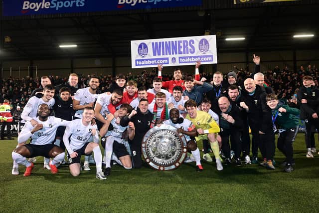 Glentoran celebrate winning the ToalsBet.com County Antrim Shield final on a 5-4 penalty shoot-out over four-in-a-row holders Larne at Seaview. (Photo by Arthur Allison/Pacemaker Press)