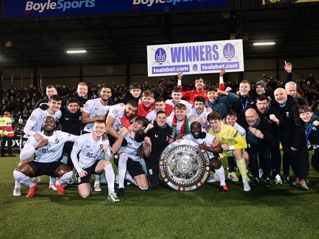 Glentoran celebrate winning the ToalsBet.com County Antrim Shield final on a 5-4 penalty shoot-out over four-in-a-row holders Larne at Seaview. (Photo by Arthur Allison/Pacemaker Press)