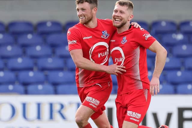 Caolan McAleer (L) celebrates his goal for Loughgall against Newry City at the Newry Showgrounds, Newry. PIC: David Maginnis/Pacemaker Press