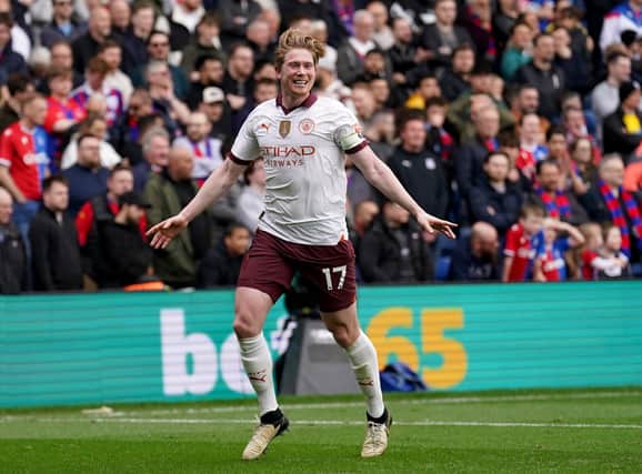 Manchester City's Kevin De Bruyne celebrates scoring in the Premier League win at Selhurst Park over Crystal Palace. (Photo by Adam Davy/PA Wire)