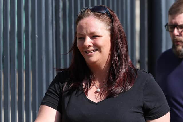 Jolene Bunting pictured this morning arriving at Laganside court to be sentenced for contempt of an order to take down harassing social media posts about a drag queen.