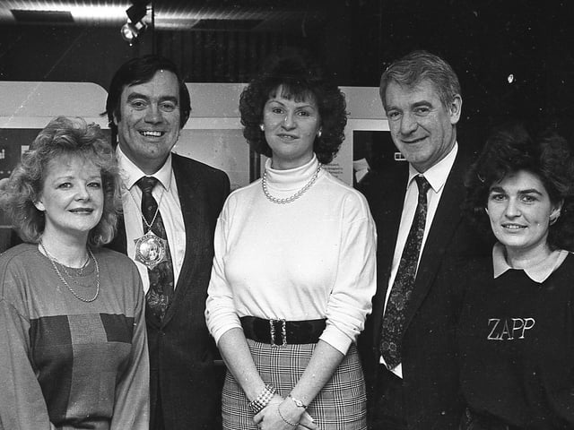 Hannah Stewart, June Nellins and Marie Graham, who were studying for their business and finance diplomas at the Belfast Institute of Further and Higher Educations, pictured at the end of February 1992 at an Institute of Personnel Management meeting sponsored by British Telecom, with institute branch chairman Andrew Dougal and George McGrath, BT deputy chief executive. Picture: News Letter archives