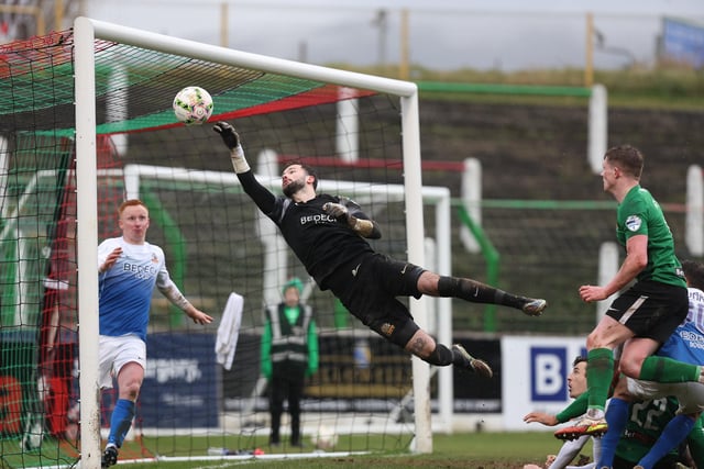 Glenavon goalkeeper Rory Brown produces a wonderful save to keep Glentoran out at The Oval and help the Lurgan Blues collect a crucial three points in their fight for seventh.