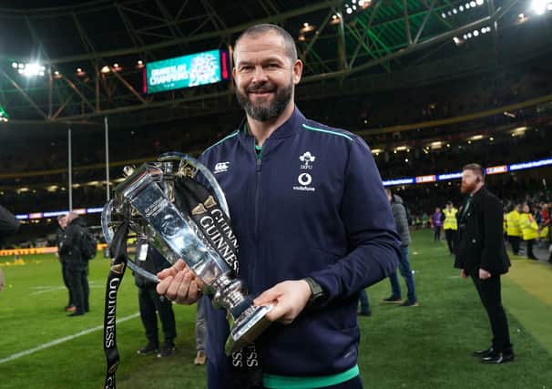 Andy Farrell poses with the Six Nations trophy. PIC: Brian Lawless/PA Wire.