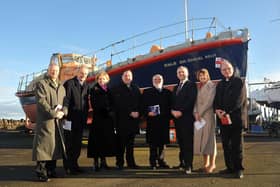 The Princess Victoria sinking 60th anniversary memorial service in January 2013 - Pictured in front of the Sir Samuel Kelly, the lifeboat that was launched when the Princess Victoria sank, are from left, Reverend Ian Gamble, Donaghadee Presbyterian Church, Reverend Alvin Little, Shaw Street Presbyterian Church, Lady Sylvia Hermon, Reverend Colin Anderson, Donaghadee Presbyterian Church, Reverend Willis Cordner, 1st Bangor Presbyterian Church, Jonathan Bell, Stormont Junior Minister, Reverend Ruth Craig, Donaghadee Methodist Church, and Reverend Father Joseph Gunn, St Comgall's RC Church, Bangor. Picture: Presseye.com