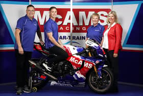 Mar-Train Racing team owners Tim and Sonya Martin with 2024 BSB rider Danny Kent and Valentina Slater, Sales Director, McAMS. Picture: Tim Keeton/Impact Images