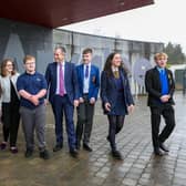 Education Minister Paul Girvan and Finance Minister Caoimhe Archibald at Strule Shared Education Campus, Omagh, to announce £150 million funding for the development of the site