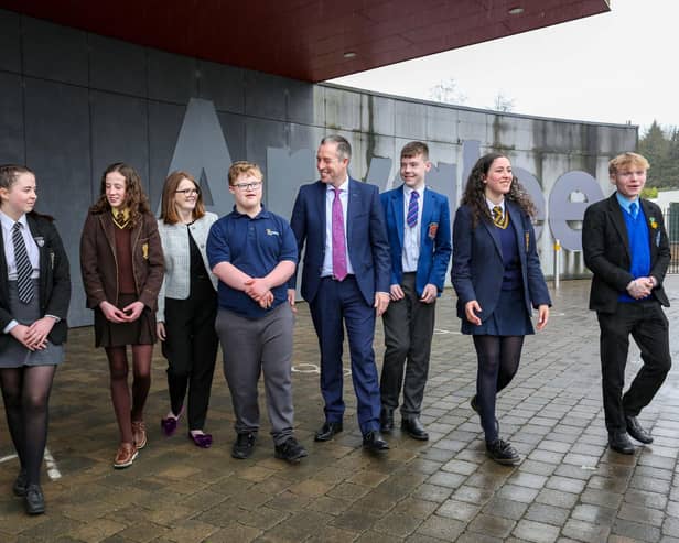 Education Minister Paul Girvan and Finance Minister Caoimhe Archibald at Strule Shared Education Campus, Omagh, to announce £150 million funding for the development of the site