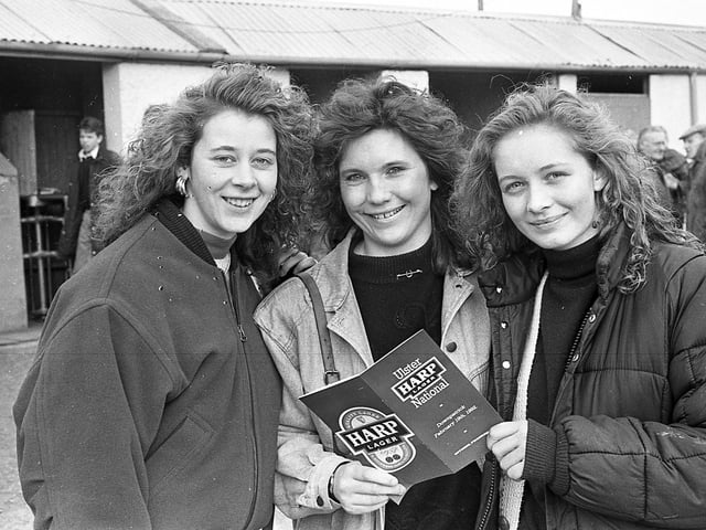Pictured at the Harp National in Downpatrick in February 1992 are Karen McKenzie, Hilary Gibson and Julia Murdoch who were all from Comber. The star of the national was Desert Orchid. The News Letter reported that he “strutted, proud and tall, around the race track to loud and eager applause, looking every bit the champion”. Fans had turned out to get a close look at the grey who had retired from racing two years previously. Picture: News Letter archives