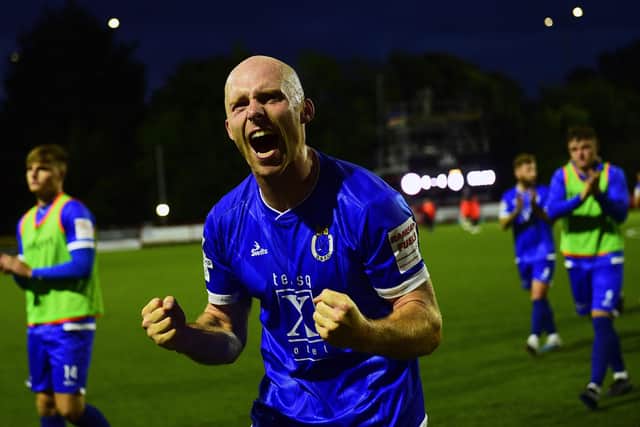 Dean Curry scored an added-time equaliser for Dungannon Swifts against defending Premiership champions Larne as the visitors to Inver Park turned the tables on a 4-1 deficit with a late goal flurry. (Photo by Colm Lenaghan/Pacemaker)