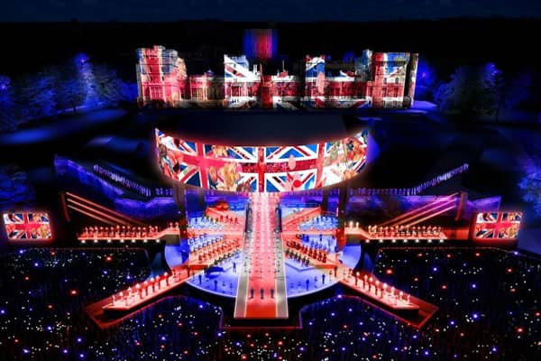 A representation of the stage for the Coronation Concert where stars including Katy Perry, Lionel Richie, Take That, Freya Ridings, Andrea Bocelli and others will perform. It is uniquely coloured in patriotic red, white and blue and the stage will fan out into the audience and have a halo-like screen surrounding the roof, which the BBC has said will "symbolise the Crown protecting the nation".
