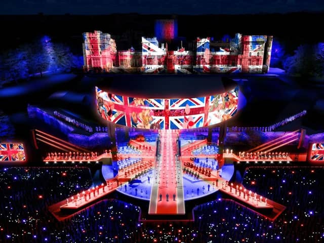 A representation of the stage for the Coronation Concert where stars including Katy Perry, Lionel Richie, Take That, Freya Ridings, Andrea Bocelli and others will perform. It is uniquely coloured in patriotic red, white and blue and the stage will fan out into the audience and have a halo-like screen surrounding the roof, which the BBC has said will "symbolise the Crown protecting the nation".
