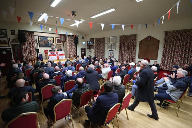 A public meeting at Moygashel Orange Hall, Belfast, after the agreement of a Government package that is set to deliver the restoration of powersharing in Northern Ireland. Picture date: Thursday February 1, 2024. PA Photo.