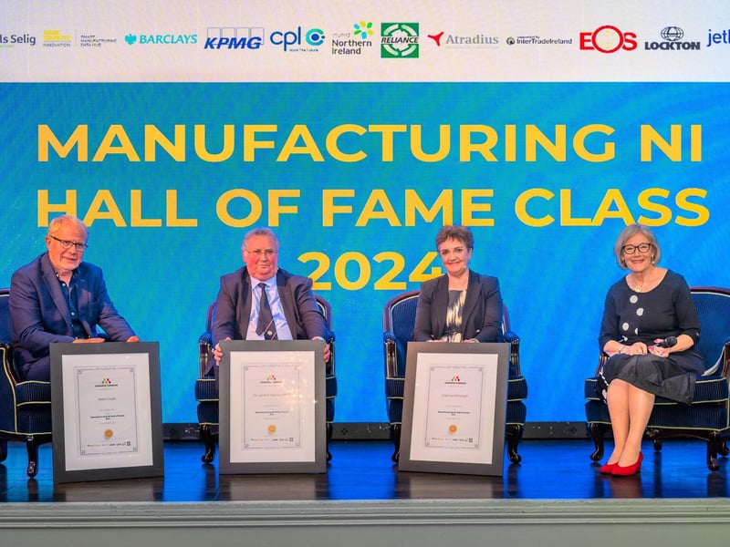 NI Manufacturing Hall of Fame inductees Sean Coyle, Keystone Group Dr John Rainey MBE, Denroy, Grainne McVeigh, Invest NI and host Wendy Austin