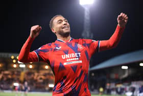 Rangers' Cyriel Dessers celebrates scoring his side's fourth goal in a 5-0 cinch Premiership victory over Dundee at Dens Park