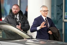 Gary Lineker arriving ahead of the Premier League match at the King Power Stadium, Leicester on Saturday. The BBC's football coverage on Saturday was ripped up as several more presenters and reporters withdrew in solidarity with Lineker after he was stood down.