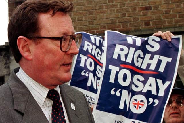 Ulster Unionist party leader David Trimble on a 'Yes' campaign walk-about in Portadown in 1998. While nationalism had support of the Irish Department of Foreign Affairs, the EU and to a degree the Foreign Office, he fought the unionist case almost alone