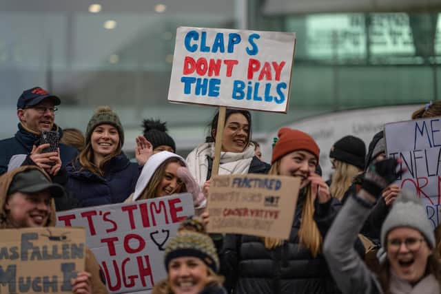 NHS physiotherapists take part in a strike outside of University College Hospital in January in London, United Kingdom. Now physios in Northern Ireland are striknig for the first time ever this week. (Photo by Carl Court/Getty Images)