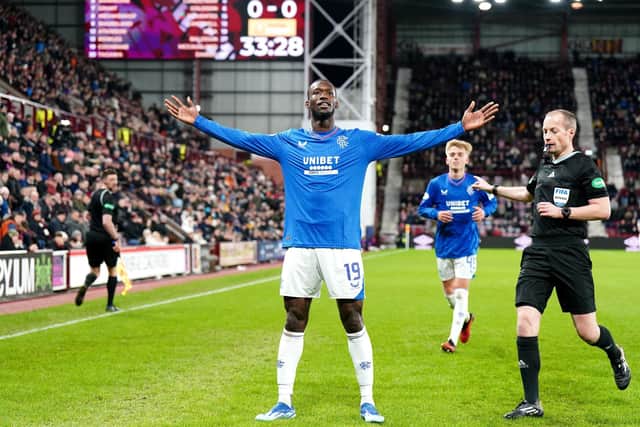 Rangers' Abdallah Sima celebrates scoring his side's winning goal in the cinch Premiership clash against Hearts at Tynecastle Stadium
