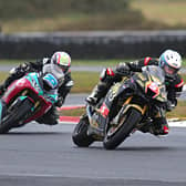Richard Kerr (AMD Motorsport Honda) on his way to victory in the opening Superbike race at the Sunflower Trophy meeting on Friday at Bishopscourt from Eunan McGlinchey (McAdoo Kawsaki).