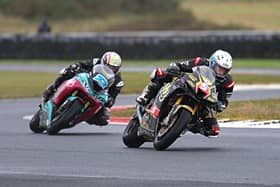 Richard Kerr (AMD Motorsport Honda) on his way to victory in the opening Superbike race at the Sunflower Trophy meeting on Friday at Bishopscourt from Eunan McGlinchey (McAdoo Kawsaki).