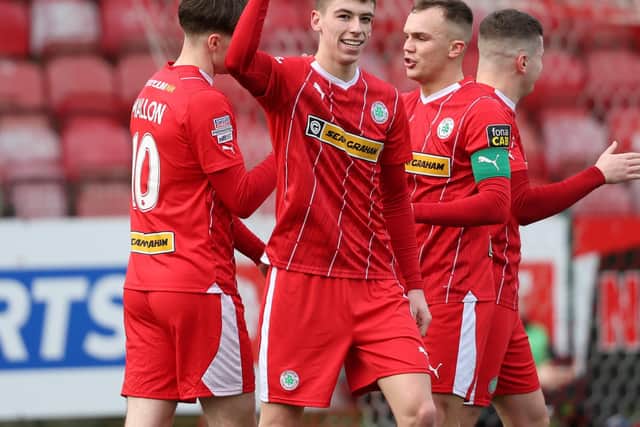 Shea Kearney celebrates his goal for Cliftonville in the 4-1 win against Coleraine at Solitude